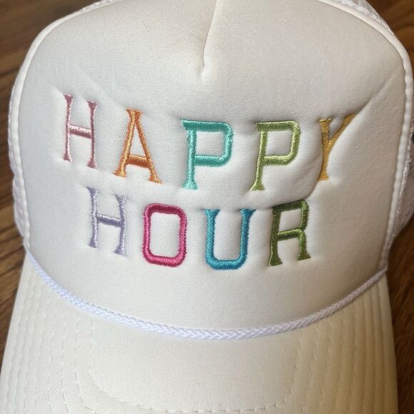 Foam SnapBack Mesh Braid Trucker Hat Cap White “HAPPY HOUR” Colorful NWT Adjust - Picture 9 of 9